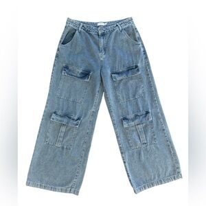 That’s So Fetch Adalia Baddie Mid Rise Wide Leg Cargo Jeans Blue Size 14